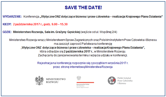 2.10.2017 – Zapraszamy na&nbsp;Konferencję nt.&nbsp;realizacji Krajowego Planu Działań w&nbsp;obszarze biznesu i&nbsp;praw człowieka