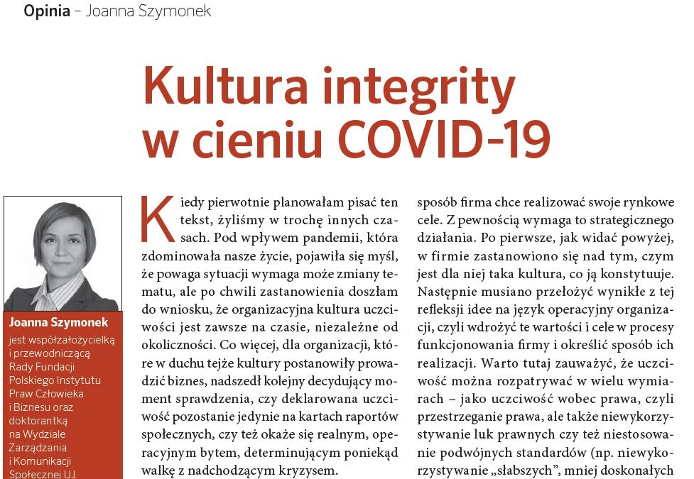 „Kultura integrity w&nbsp;cieniu COVID-19” – nowy artykuł Joanny Szymonek w&nbsp;„Personel Plus”